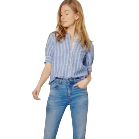Veronica Beard Vernon Blue Striped Collarless Short Sleeve Button Shirt Small - Picture 1 of 6